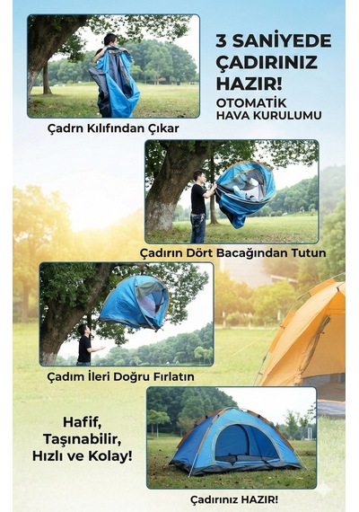 Sahil Ekipmanı Geniş İç Mekan Açık Hava Kamp Katlanabilir Otomatik Havada Açılan Çadır 4 Kişilik Çok Renkli