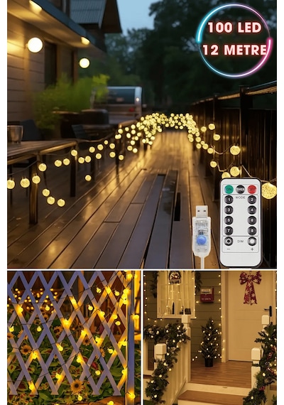 Technosmart 100 Ledli Usbli Kumandalı 8 Modlu 12 Metre Toplu Işık Parti Süsleme Organizasyon Sarı