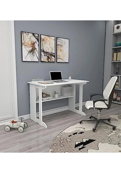 Beyaz Raflı Ders Çalışma Bilgisayar Masası, Modern Tasarım Abanoz - Beyaz
