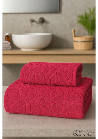 Banyo & Yüz Havlusu Seti Dokulu %100 Pamuk 90x150 + 50x90 Cm Foliva Vişne