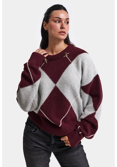 Kadın Bordo Gri W6-35 Oversize Baklava Desenli Aksesuar Detaylı Tasarım Triko Kazak