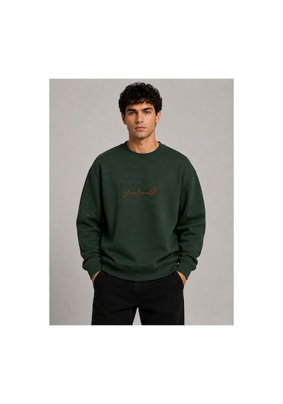 Herkesemoda Believe Baskılı Bisiklet Yaka Şardonlu 2 İplik Sweatshirt Yeşil
