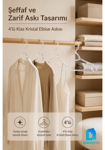 Klas Kristal Elbise Askısı 4 Lü Şeffaf Plastik Dolap İçi Kıyafet Askısı Düzenleyici -şeffaf