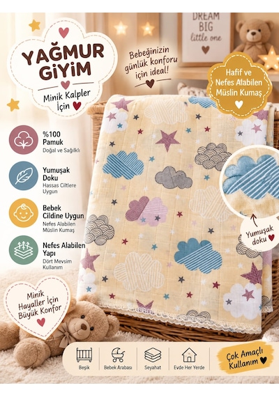 Yağmur Giyim Berço Desenli Müslin %100 Pamuk Bebek Battaniyesi 80 90 Ölçülerinde 0-12 Ay 875/1 Sari