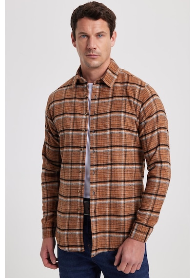 Tudors Erkek Slim Fit Dar Kesim Kareli Kışlık Oduncu Gömlek-42360 Kahverengi