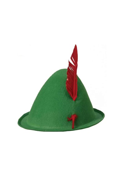 Yeşil Renk Kırmızı Tüylü Peter Pan Şapkası Robin Hood Şapkası 24x23 Cm 3+