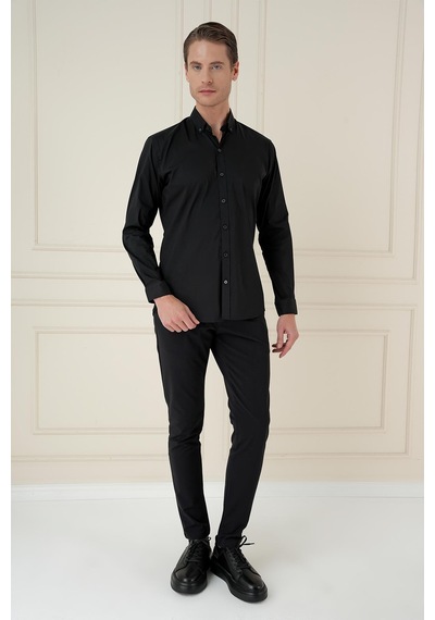 Efor Slim Fit Düğmeli Yaka Esnek Klasik Siyah Gömlek Gk 746 Siyah