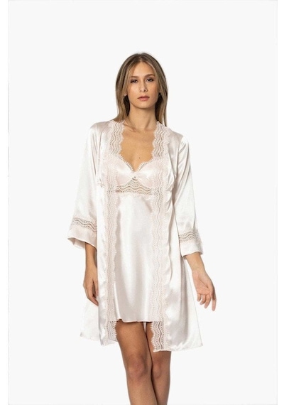 Pierre Cardin 6'lı Saten Gecelik Sabahlık Çeyiz Seti 6010 İnci 001