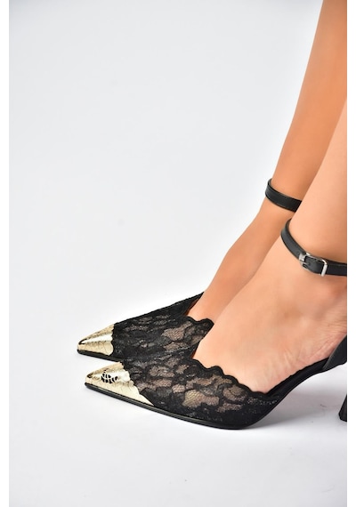Fox Shoes Y752082806 Siyah Dantel İnce Topuklu Kadın Ayakkabı