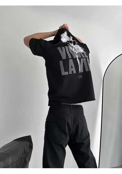 Assema Erkek Baskılı Oversize Bisiklet Yaka Kısa Kol T-shirt - Siyah Çok Renkli