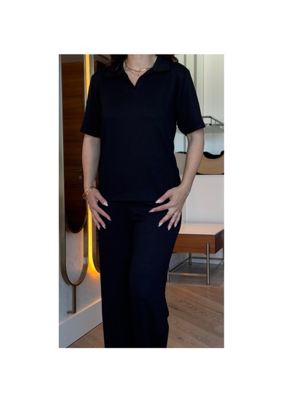 Butik İstanbul Kadın Kısa Kollu Yakalı Viskon Iki Iplik Bluz Ve Pantolon Ikili Takım Siyah