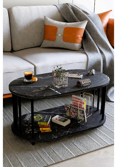 Modern Oval Orta Sehpa Çift Katlı Metal Ayaklı Salon, Ofis, Dekoratif Sehpa, Kahve Sehpası Siyah