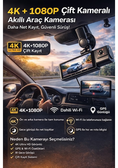 K17 4k Araç Kamerası Ön-arka Çift Lens Wifi Gps Dash Cam Gece Net Kayıt Araç İçi Güvenlik Kamerası