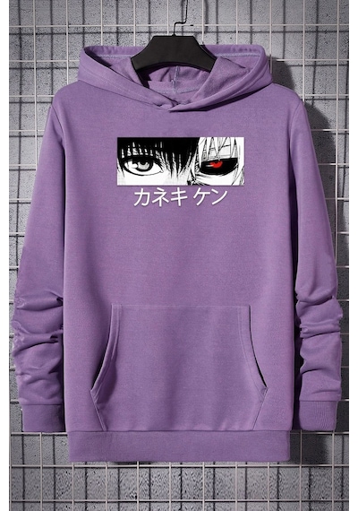 Uyguntarz Unisex Ken Kaneki Baskılı Kapüşonlu Sweatshirt Lila