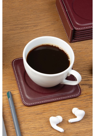 Bardak Altlığı,6 Lı Set,masaüstü Yuvarlak Cup Coaster,vegan Suni Deri,11x11 Cm.,bordo Bordo