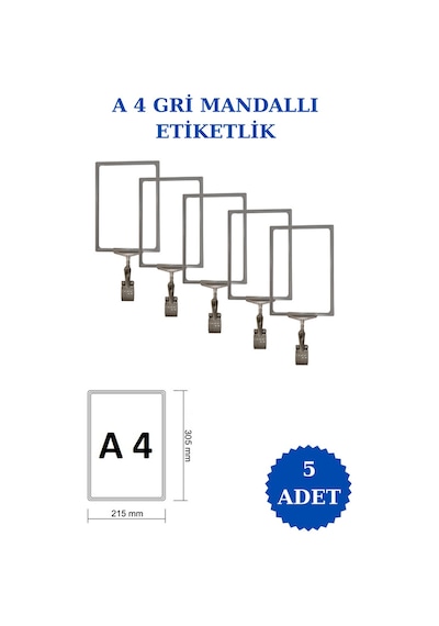 5 Adet Gri A5 Mandallı Raf Sepet Etiketi Çerçeveli Etiketlik Gri