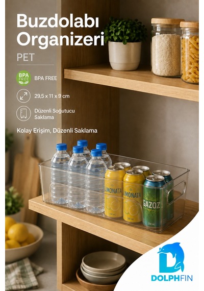 Şeffaf Pet Buzdolabı Organizeri Kulplu Düzenleyici Kutu 29,5x11x9 Cm
