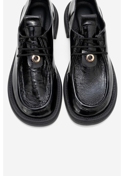Luvishoes Luvi Shoes Band Siyah Kırışık Rugan Hakiki Deri Bağcıklı Kadın Loafer Ayakkabı Siyah