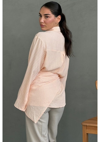 Madmext Pembe Fular Detaylı Kare Desenli Kadın Gömlek Mg2783