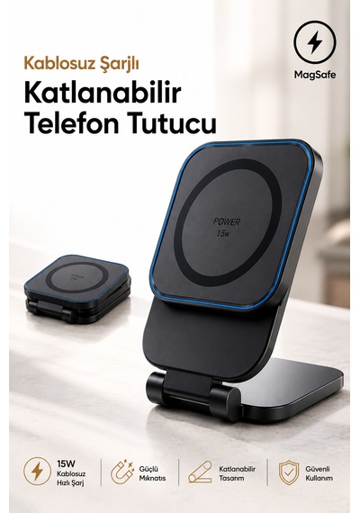 15w Kablosuz Araç Şarj Cihazı Magsafe Uyumlu Katlanabilir Manyetik Telefon Tutucu Kompakt Siyah