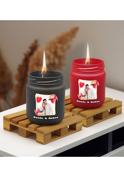 Bk Gift Kişiye Özel Dtf İsimli Fotoğraflı 2 Li Siyah Ve Kırmızı Renkli Cam Kavanozda Kokulu Mum-1, Arkadaşa Hediye, Sevgiliye Hediye