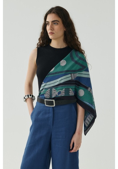 Molene Saks Mavisi Kesik Detaylı Crop Keten Pantolon