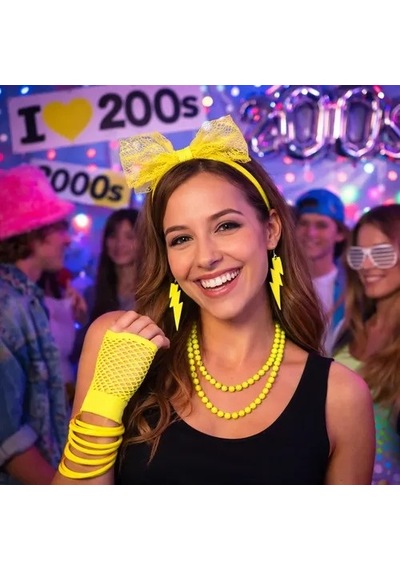 80 Ler 90 Lar Neon Sarı Parti Seti Kolye Küpe Taç - Mg-874158