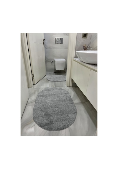 Buççin Online Mağaza Lazer Kesim Peluş 2'li Oval Gri Banyo Paspas Takımı Polipropilen Kalın 12 Mm + Gri Çok Renkli