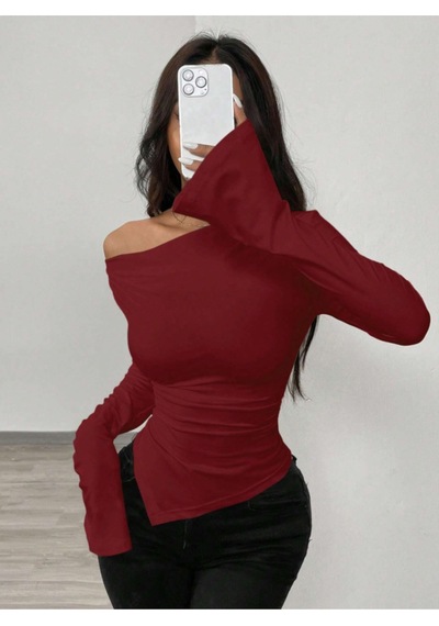 Değiştirilebilir Omuz Detaylı Uzun Kollu Bluz Bordo