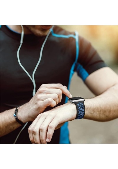 Apple Watch Seri 1/2/3/4/5/6/7/se/8/ultra İle Uyumlu Delikli Silikon Kordon Kayış 42-44-45-49 Mm Siyah - Mavi