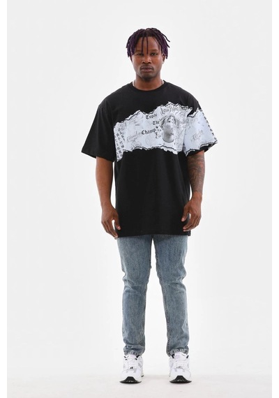 Ertaştrendstore Erkek Bisiklet Yaka Baskılı Oversize T-shirt - Siyah Çok Renk