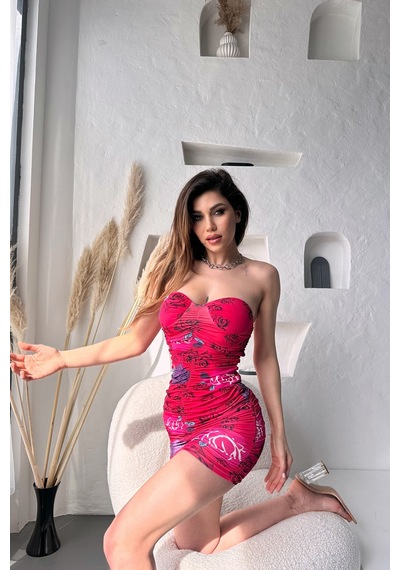 Nido Moda Çiçek Desenli Drapeli Mini Dilber Elbise - Kırmızı - S - 9057129389586