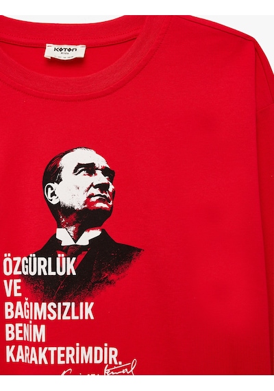 Koton Atatürk Baskılı Pamuklu Bisiklet Yaka Uzun Kollu Tişört Kırmızı 7wkb10528tk