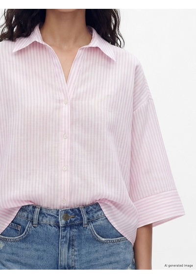 Lcw Vision Pembe Çizgili Oversize Poplin Kadın Gömlek