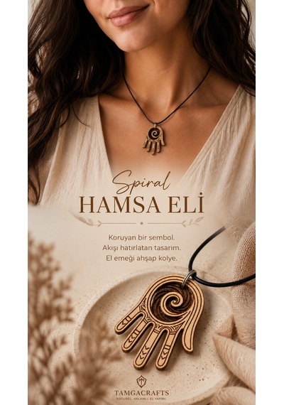 Spiral Hamsa Eli Ahşap Kolye 44x30 Mm - Siyah İpli Bohem Unisex 01 - Ekru
