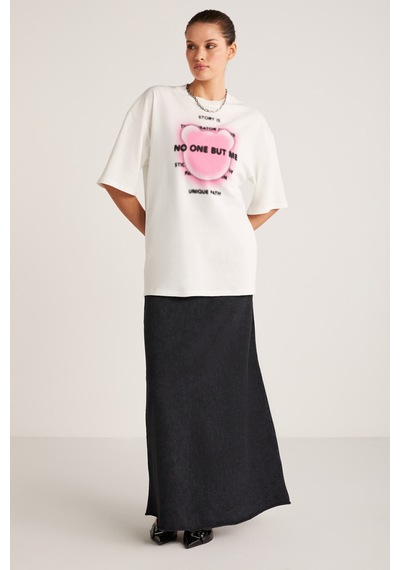 ETHIQUET BUG Kadın %100 Organik Pamuklu Baskı Detaylı Oversize Fit Bol Kesim Kısa Kollu Ekru T-Shirt