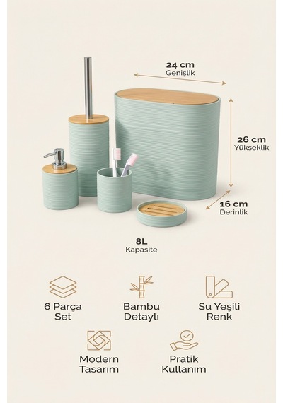 Makri Home 6 Parça Su Yeşili Banyo Seti, Bambu Detaylı, 8l Çöp Kovası 24x26x16 Cm Mint Yeşili