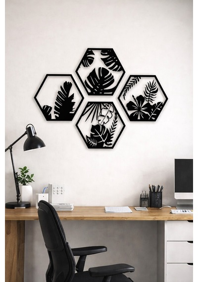 Hexaleaf Tropikal Yaprak Desenli Altıgen Ahşap Duvar Dekoru