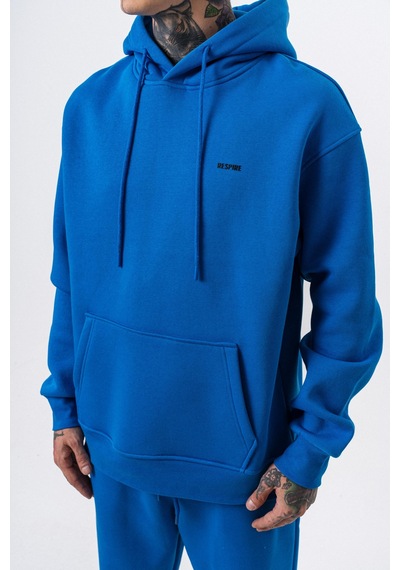 Erkek Respire Yazı Detaylı Kapüşonlu Basic Oversize Hoodie Mavi
