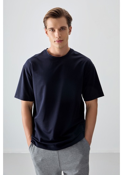 Air Jones Tommy Life Lacivert Pamuklu Kalın Yumuşak Dokulu Oversize Fit Basic Erkek T-shirt - 88377 Lacivert