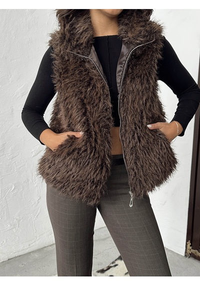 Verymoda Yapay Kürk Kadın Yelek Fermuarlı, Yumuşak Dokulu I Vmf2046 Koyu Kahve