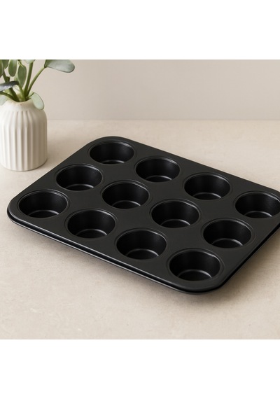 12 Gözlü Metal Muffin Kek Kalıbı - Siyah Düz Çr