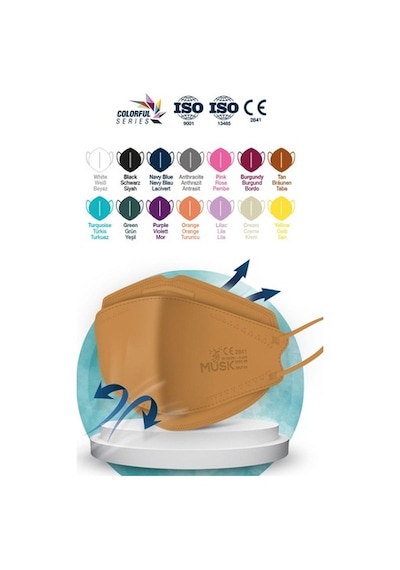 Musk Kf94 Kore Tipi N95 Maske 5 Renk 50 Adet (Gri, Taba, Siyah
