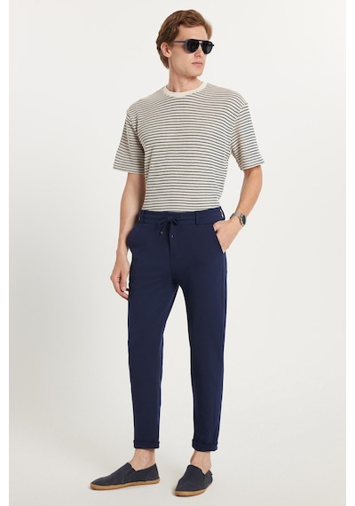 Tudors Erkek Slim Fit Pamuklu Beli Bağlamalı Yan Cepli Katlamalı Paça Jogger Lacivert Pantolon-35399 Lacivert