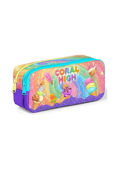Coral High Kız Çocuk Mor Sarı Dondurma Baskılı İki Bölmeli Kalem Çantası/kalemlik 31054 Mor - Sarı