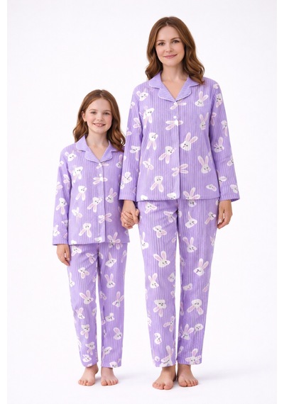 Free Beka Lila Çizgili Ve Tavşan Desenli Uzun Kollu Önden Düğmeli Gömlek Yaka Anne Kız Pijama Takımı Kombin Lacivert Free Beka Lila Çizgili Ve Tavşan Desenli Uzun Kollu Önden Düğmeli Gömlek Yaka Anne Kız Pijama Takımı Kombin Lacivert
