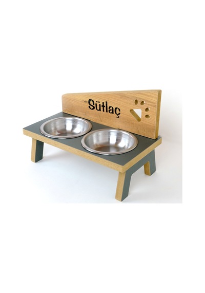 Özel Isim Baskılı, Ahşap, Çelik Kâseli Kedi- Köpek Mama Ve Su Kabı - 2 350 Ml.
