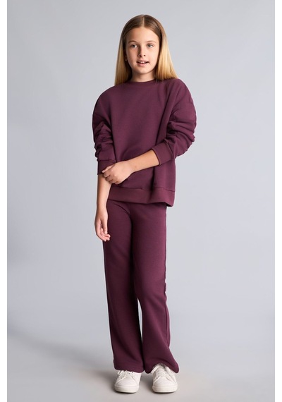 Defacto Bisiklet Yaka Sweatshirt Ve Nervürlü Pantolon 2li Takım Kız Çocuk I3868a826aupr217 Mor-pr217