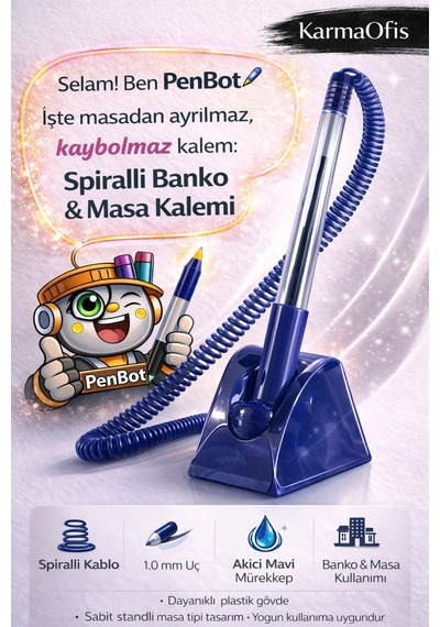 Spiralli Banko & Masa Kalemi 1.0 Mm Mavi Mürekkepli Sabit Standlı Ofis Kalemi 3 Adet Mavi 3