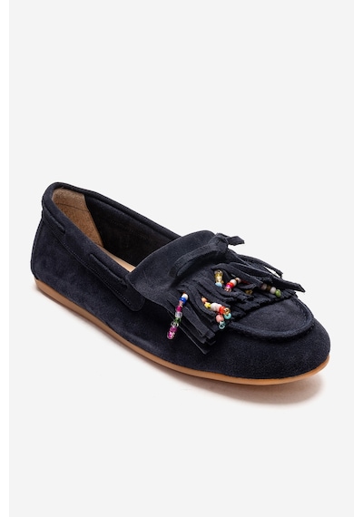 Luvishoes Evelyn Lacivert Süet Hakiki Deri Püsküllü Boncuklu Kadın Loafer Ayakkabı